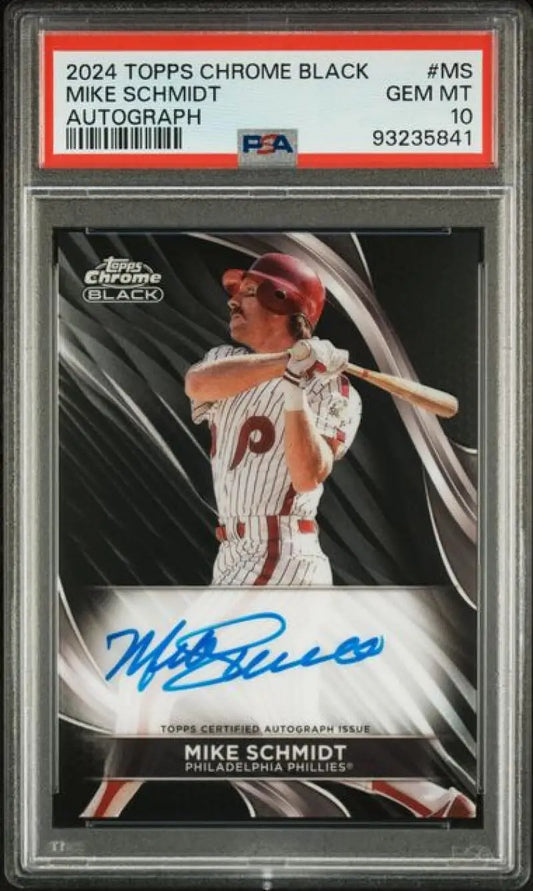 2024 Topps Chrome Black baseball card of Mike Schmidt in batting stance with autograph