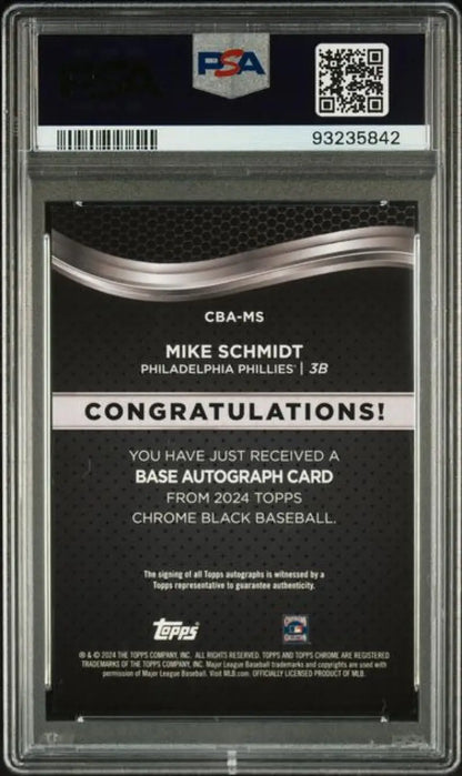 PSA-graded Topps Chrome Black baseball card back featuring Mike Schmidt autograph details