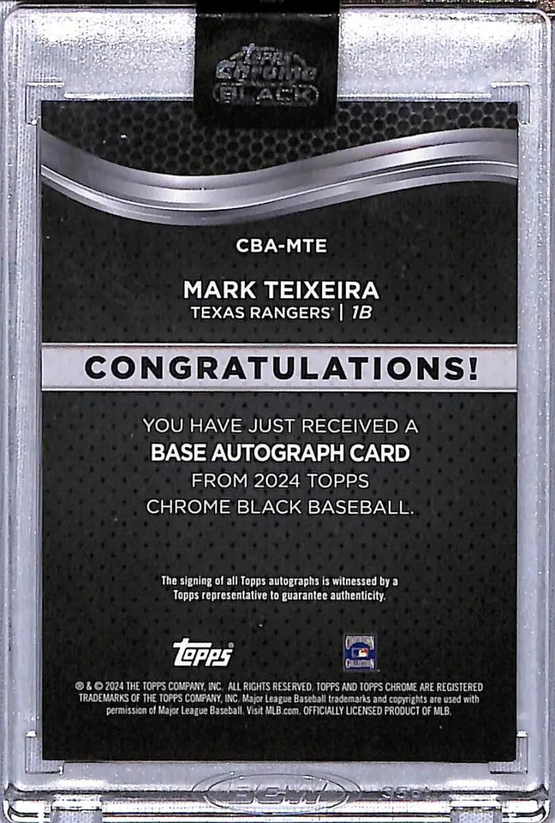 Back of 2024 Topps Chrome Black Mark Teixeira autograph card for Texas Rangers