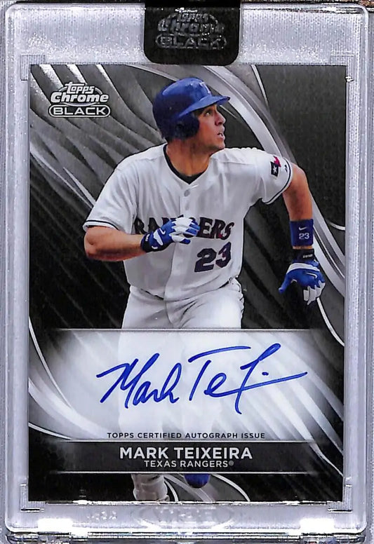 Baseball trading card of Mark Teixeira in Dodgers uniform from Topps Chrome Black series