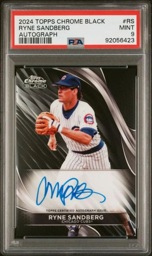 PSA-graded 2024 Topps Chrome Black Ryne Sandberg autograph card Chicago Cubs pinstripes