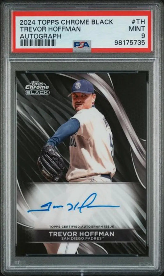 PSA-graded 2024 Topps Chrome Black Trevor Hoffman autographed baseball card in case