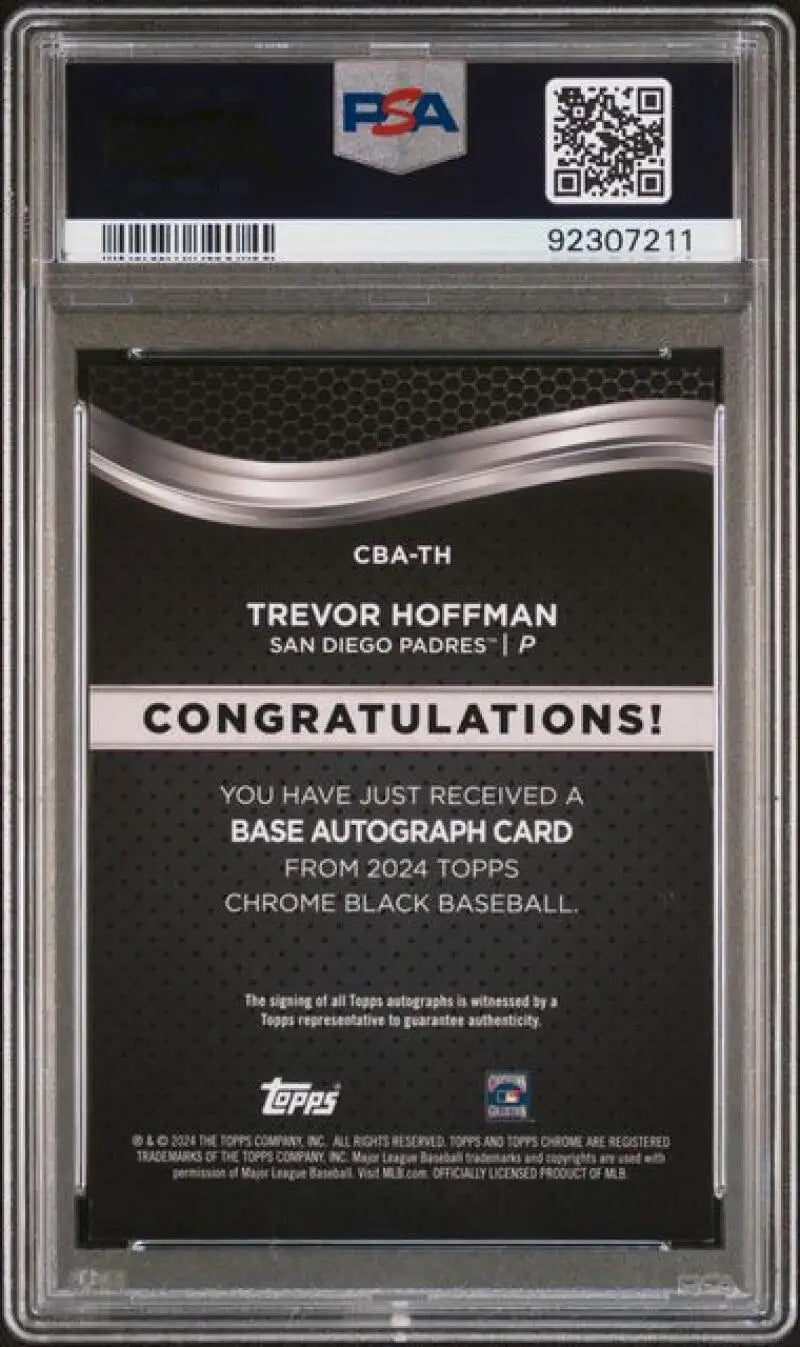 Back side of a PSA 9 Mint autographed Topps Chrome Black Trevor Hoffman card