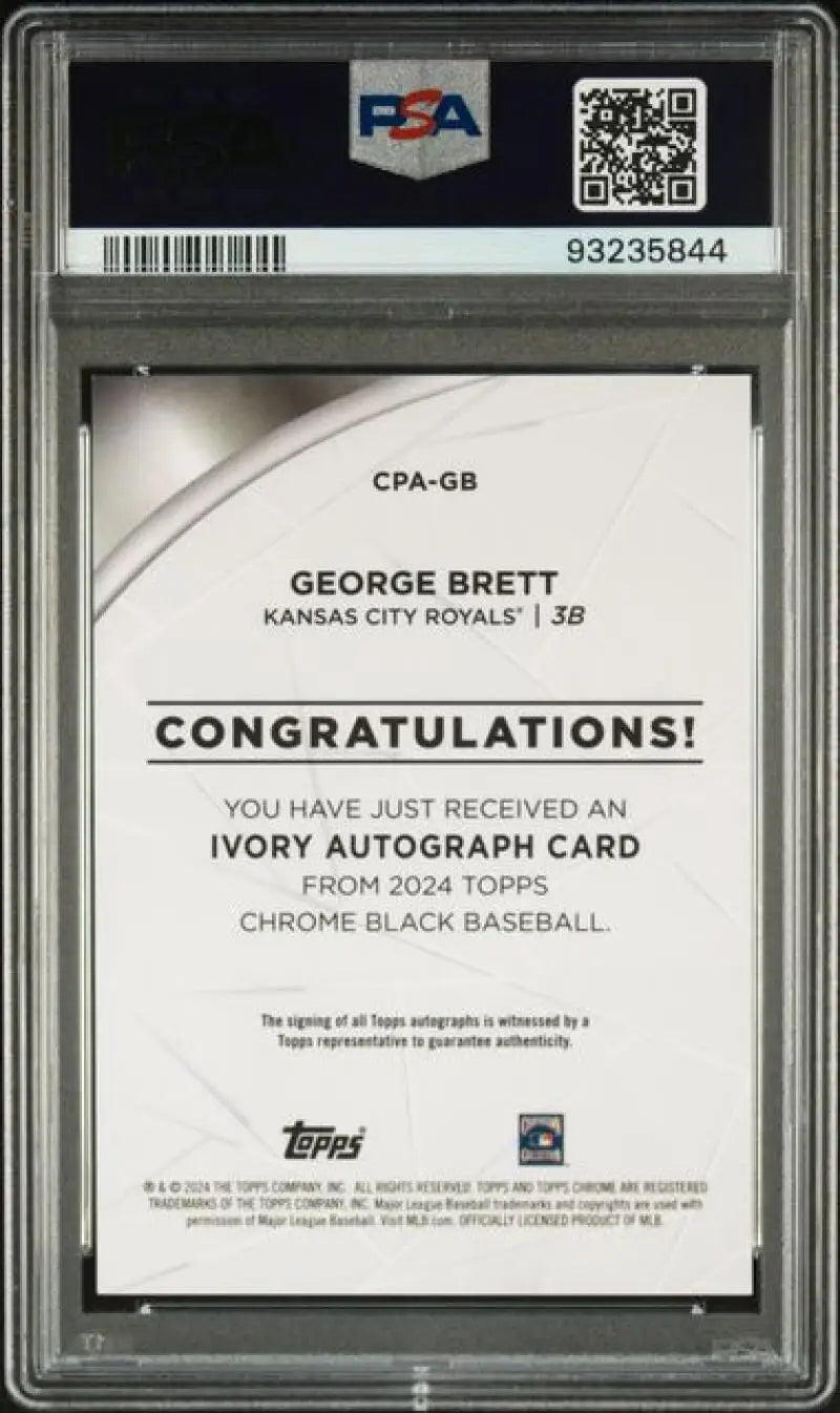 PSA-graded Topps Chrome Black Ivory Refractor George Brett baseball card back view