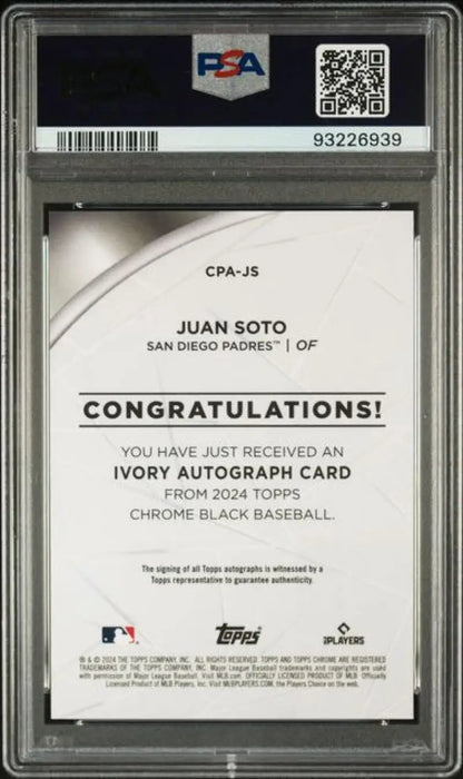 PSA-graded 2024 Topps Chrome Black Ivory Refractor Juan Soto autograph card 13/50