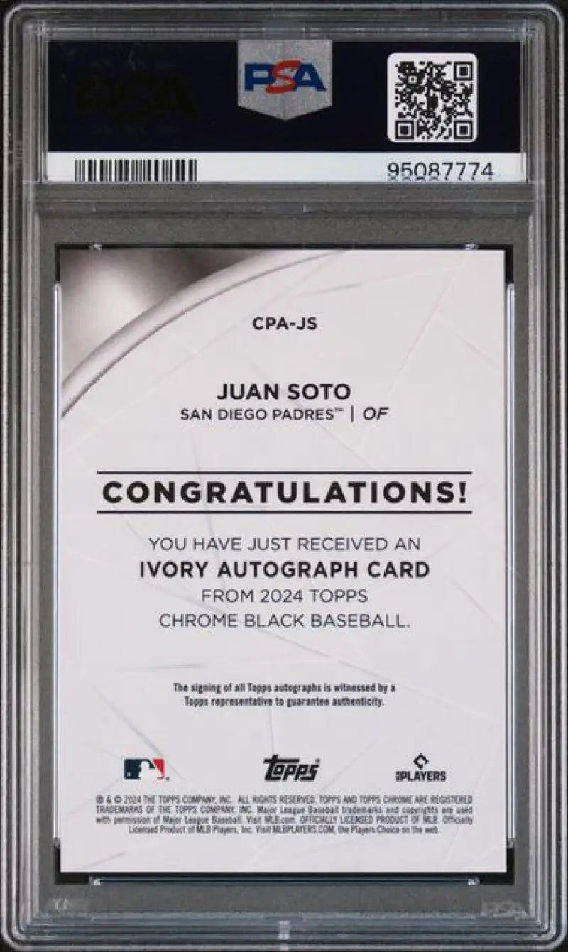 PSA-graded 2024 Topps Chrome Black Ivory Refractor Juan Soto auto San Diego Padres card