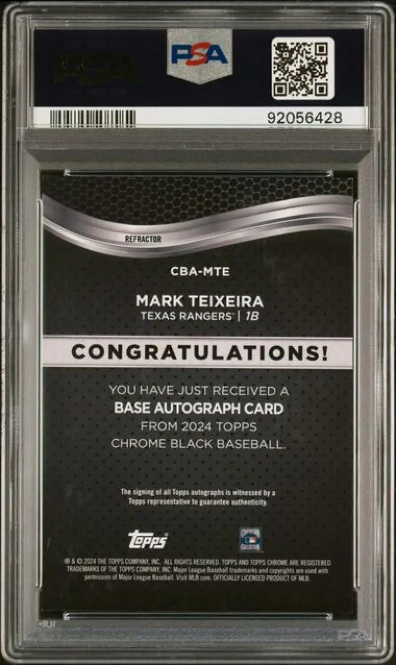 Back of 2024 Topps Chrome Black Refractor Mark Teixeira PSA 9 Texas Rangers Auto Card