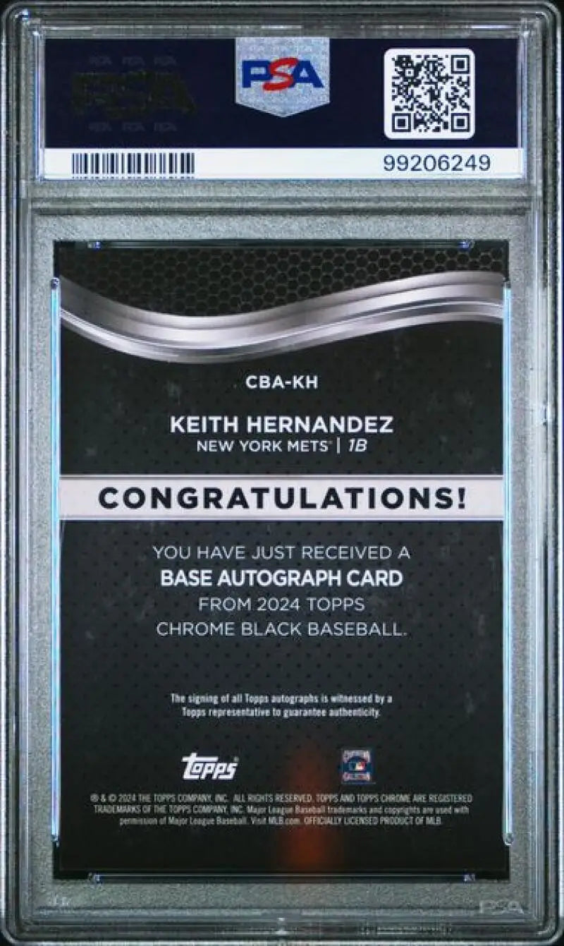 Back of PSA-graded 2024 Topps Chrome Black Refractor Gold Keith Hernandez card with QR code