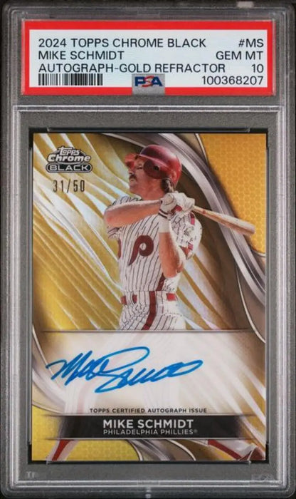 PSA 10 GEM MINT Mike Schmidt autographed 2024 Topps Chrome Black Refractor Gold card