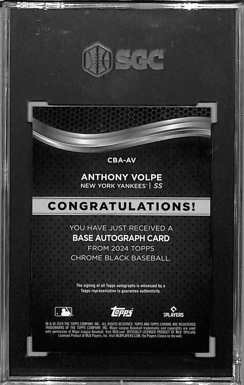 Graded Anthony Volpe autograph card from 2024 Topps Chrome Black Refractor Green #CBA-AV