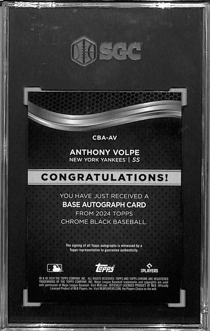 Graded Anthony Volpe autograph card from 2024 Topps Chrome Black Refractor Green #CBA-AV