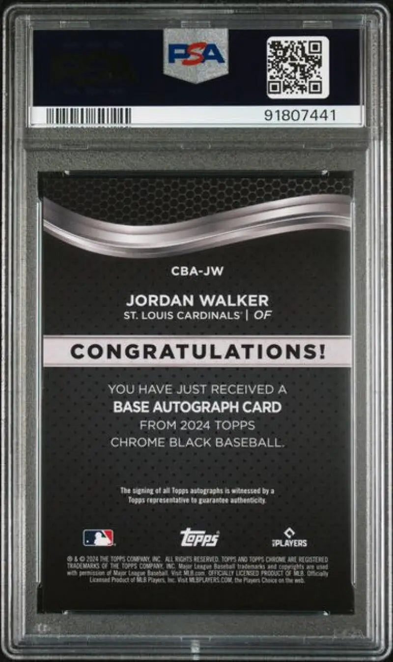 PSA-graded back of 2024 Topps Chrome Black Refractor Green Jordan Walker St. Louis Cardinals Card