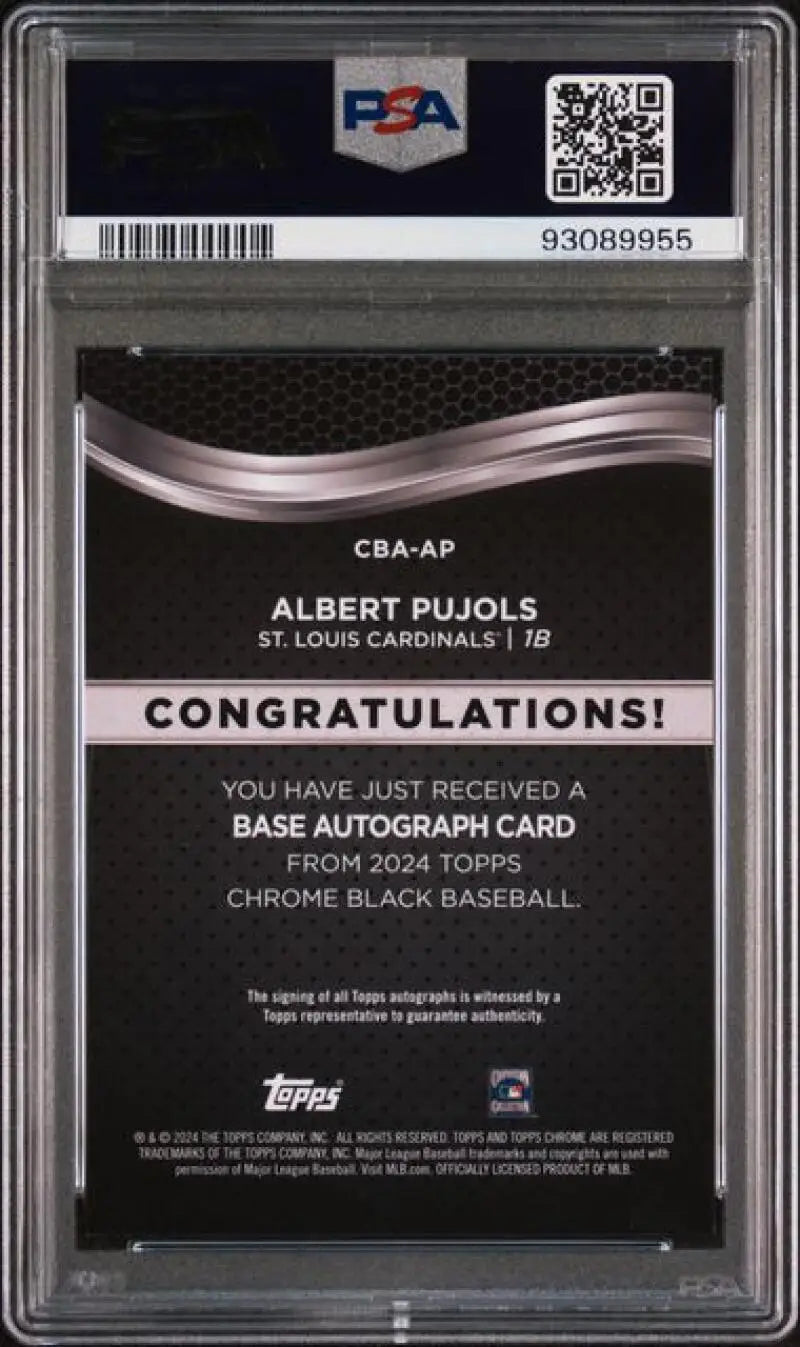 Back side of a PSA-graded 2024 Topps Chrome Black Refractor Albert Pujols autograph card