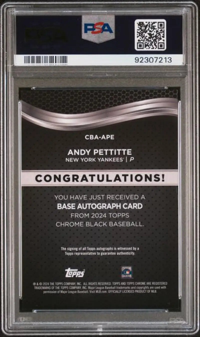 Back side view of Andy Pettitte Black Refractor baseball card, PSA 9 MINT grade