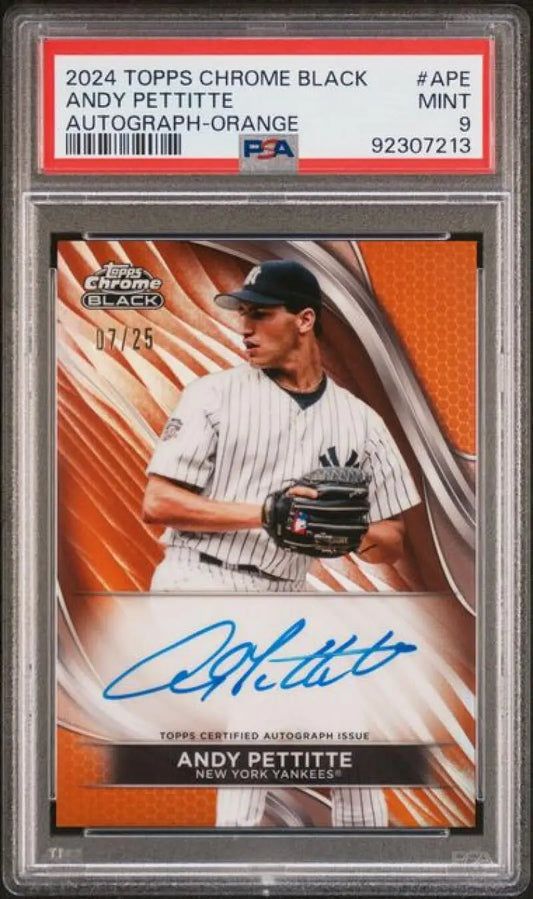 PSA 9 MINT Andy Pettitte autographed orange parallel baseball card from 2024 Topps Chrome Black Refractor