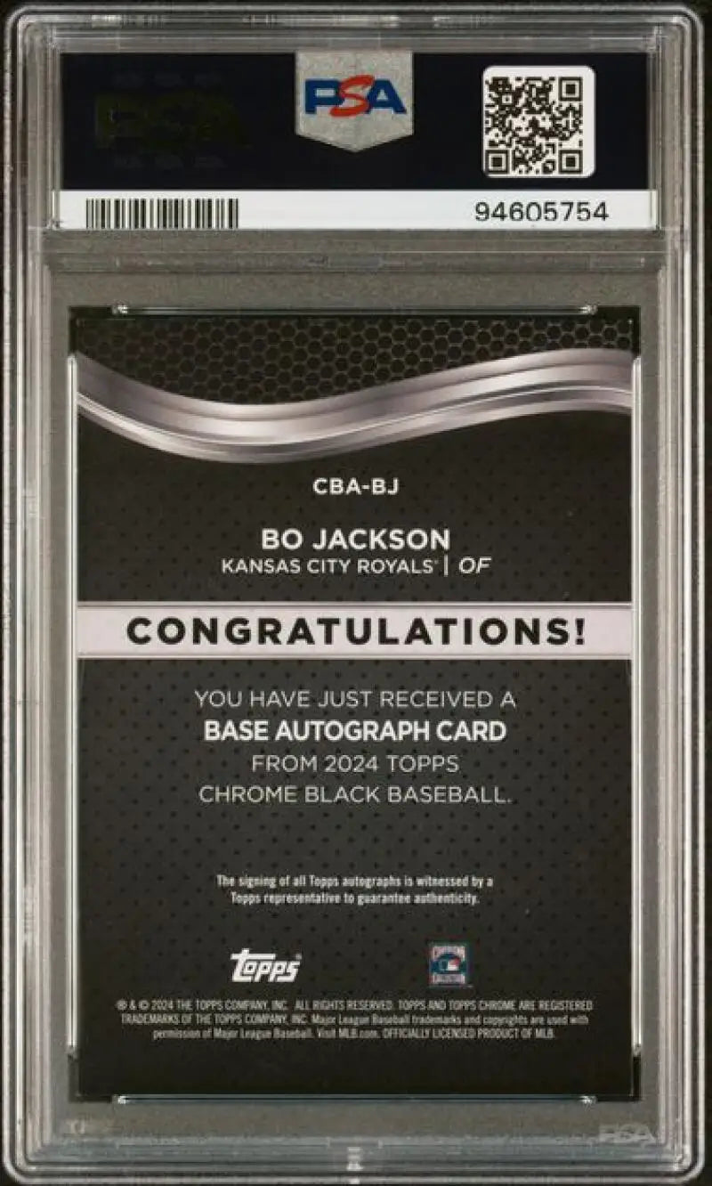 Back side of 2024 Topps Chrome Black Refractor Orange Bo Jackson PSA 9 Mint Auto card