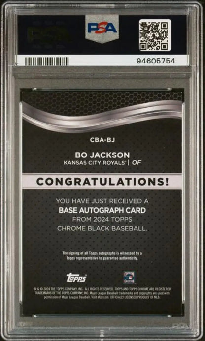 Back side of 2024 Topps Chrome Black Refractor Orange Bo Jackson PSA 9 Mint Auto card