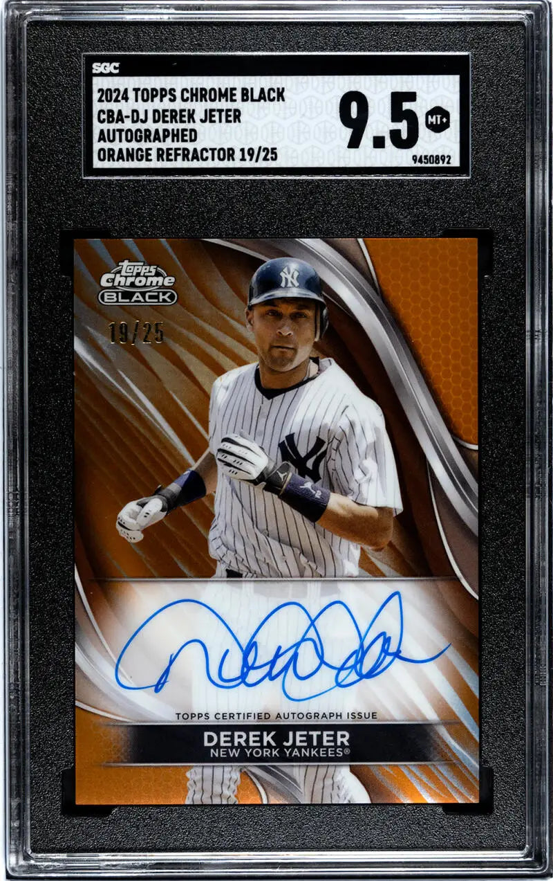 Derek Jeter 2024 Topps Chrome Black Refractor Orange baseball card with autograph