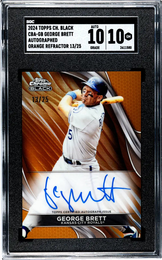 Graded Kansas City Royals George Brett autographed card with orange Black Refractor background