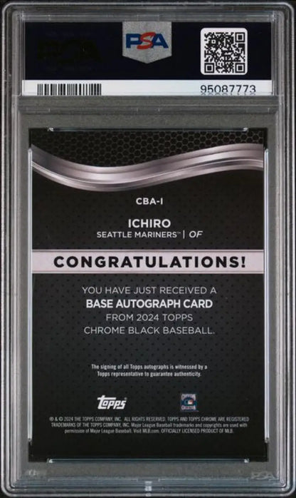 Back side of 2024 Topps Chrome Black Refractor Orange Ichiro PSA 10 Seattle Mariners card