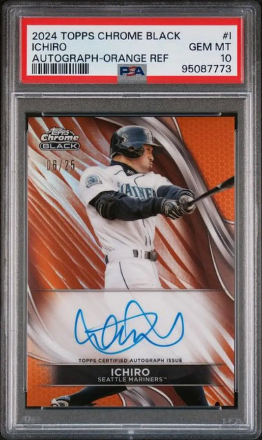 PSA 10 GEM MINT 2024 Topps Chrome Black Refractor Orange Ichiro Seattle Mariners Autograph