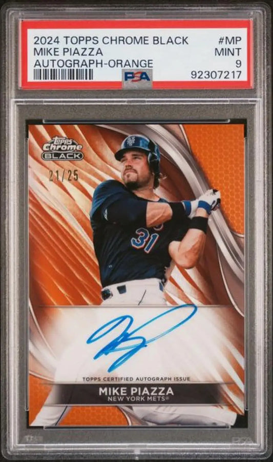 PSA 9 Mint Mike Piazza Autographed Baseball Card from 2024 Topps Chrome Black Refractor