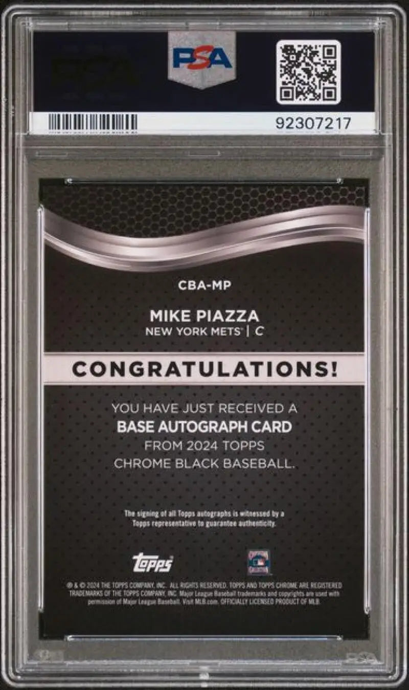 Back side of 2024 Topps Chrome Black Mike Piazza Baseball Card with QR code and PSA authentication