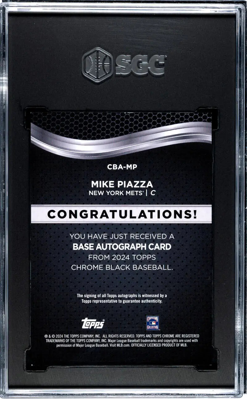 Back side of 2024 Topps Chrome Black Refractor Orange Mike Piazza baseball card autographed