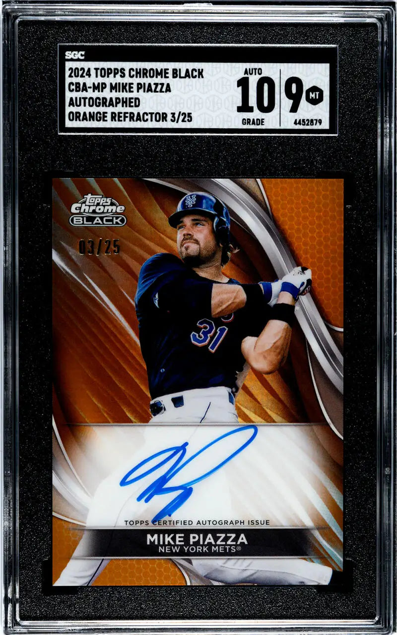 Graded Topps Chrome Black Refractor Orange Mike Piazza autographed baseball card SGC 9 MINT