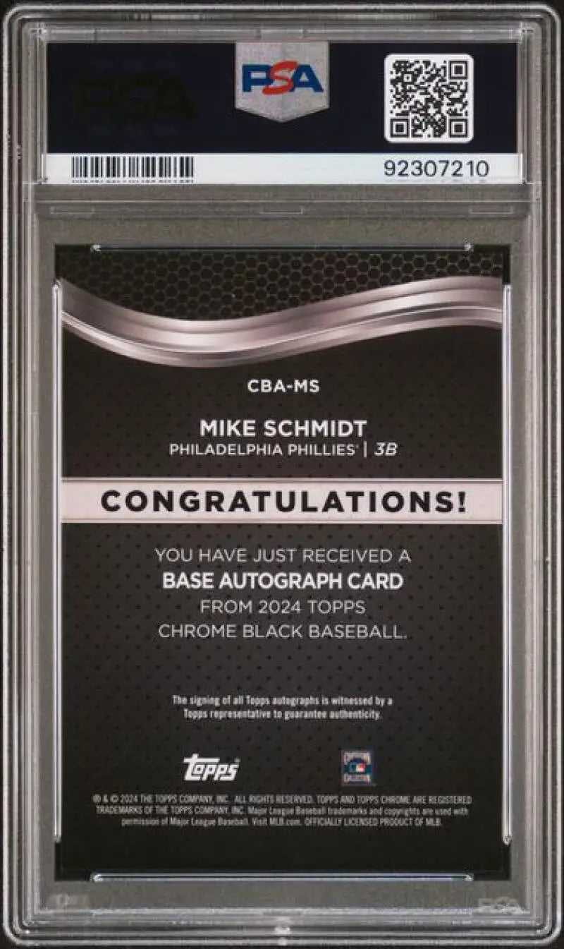 Back side of Mike Schmidt 2024 Topps Chrome Black Refractor Orange autograph card