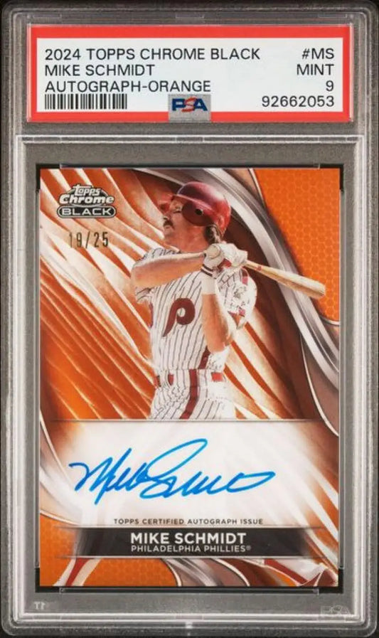 PSA-graded 2024 Topps Chrome Black Refractor Orange Mike Schmidt Auto for Philadelphia Phillies