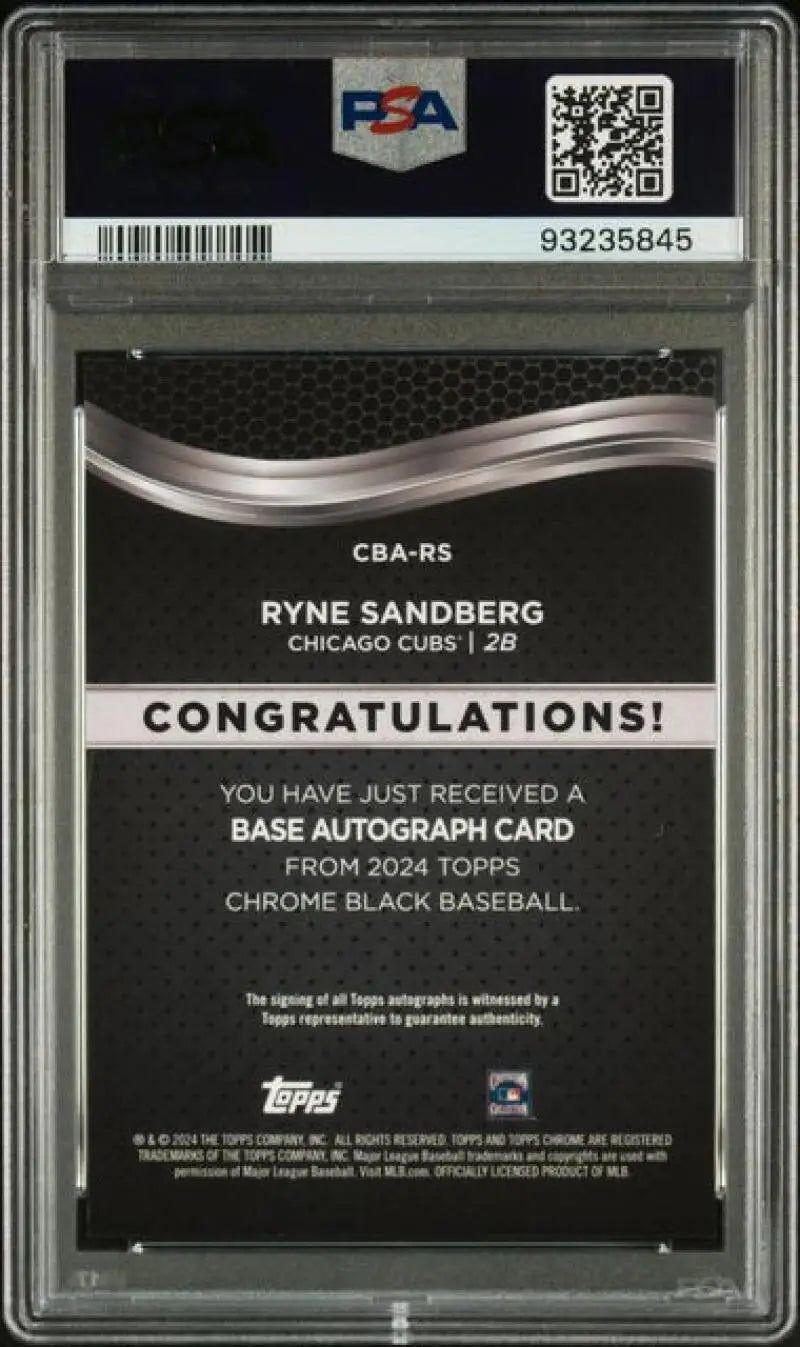 Back side of PSA-graded Ryne Sandberg Chicago Cubs baseball card 20/25 in GEM MINT condition