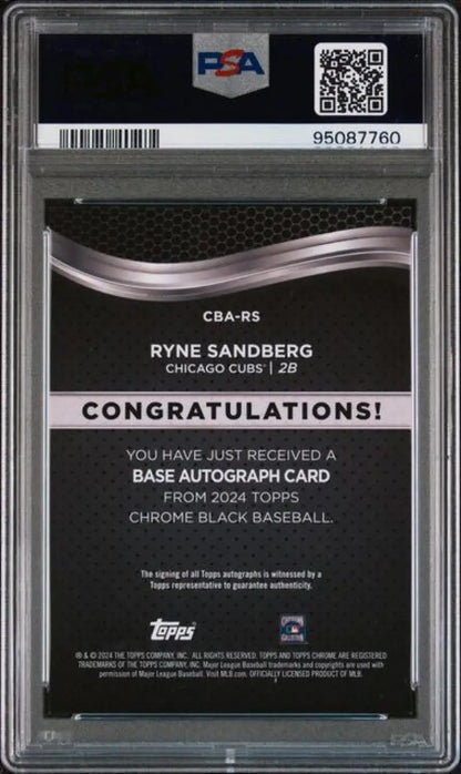 Back side of a PSA 10 GEM MINT Ryne Sandberg autograph card from 2024 Topps Chrome Black