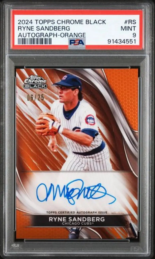 2024 Topps Chrome Black Refractor Orange #CBA-RS Ryne Sandberg PSA 9 MINT Auto 8/25 Chicago Cubs Baseball Card Image 1