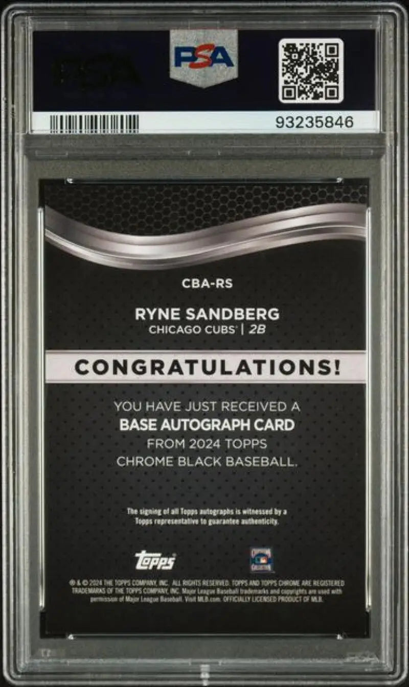 PSA-graded Ryne Sandberg autograph on 2024 Topps Chrome Black Refractor Orange baseball card