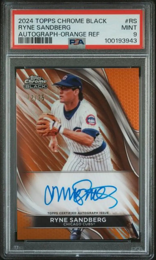 2024 Topps Chrome Black Refractor Orange #CBA-RS Ryne Sandberg PSA 9 MINT Auto 12/25 Chicago Cubs Baseball Card Image 1