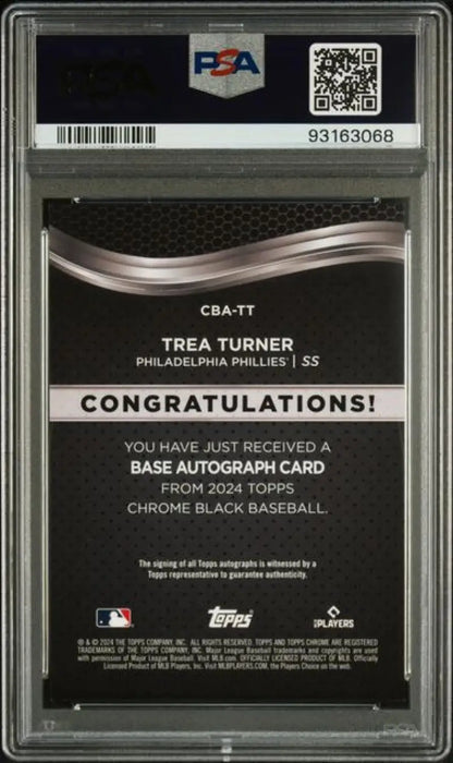 PSA-graded baseball card back featuring congratulatory text for Trea Turner autograph