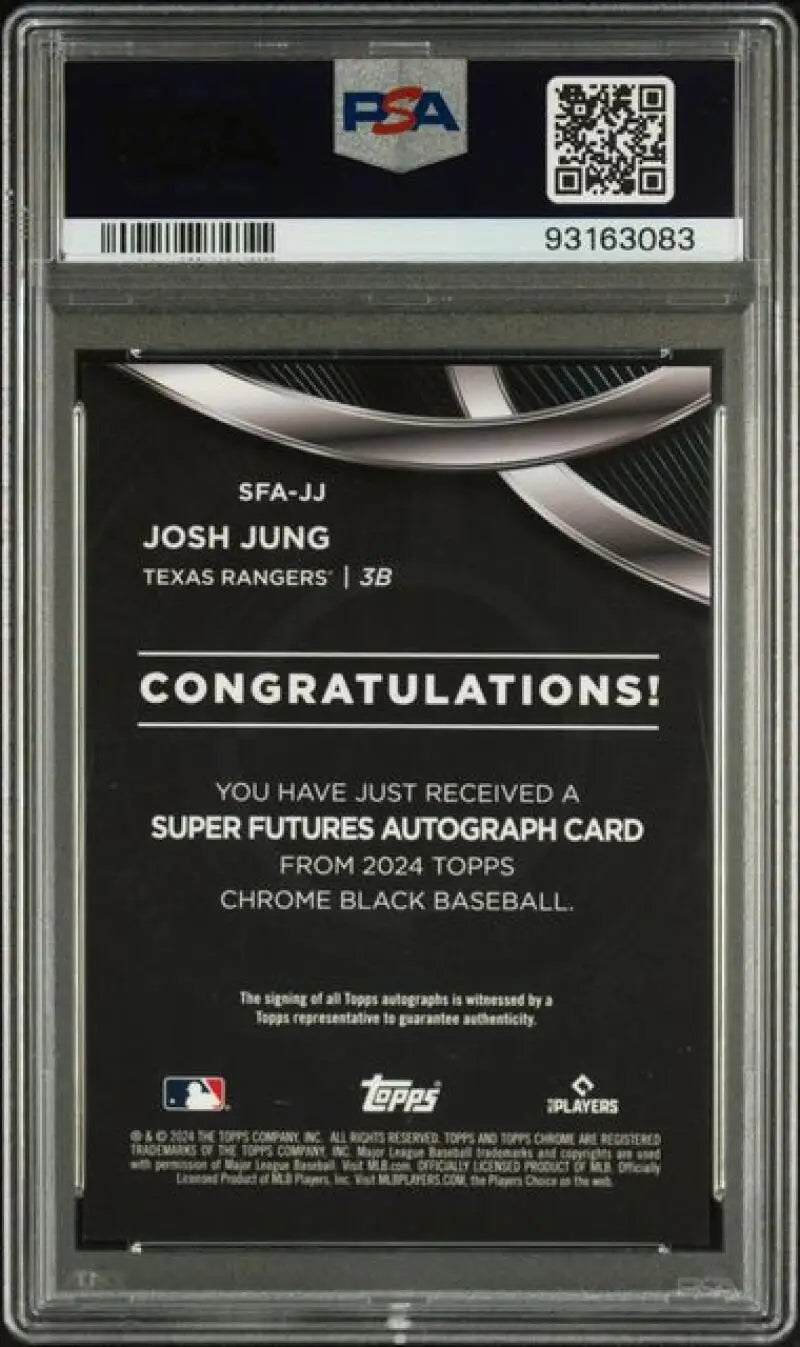 Back of Josh Jung PSA 10 GEM MINT Auto Baseball Card with congratulatory text on refractor gold