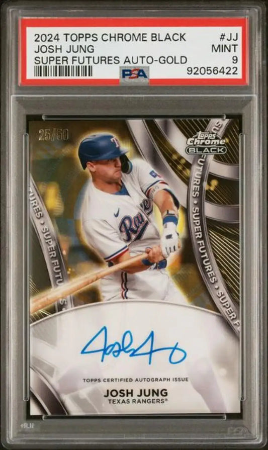 PSA-graded 2024 Topps Chrome Black Josh Jung Texas Rangers baseball card with blue ink auto