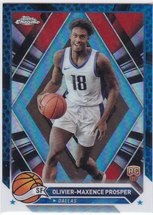 Basketball trading card of Olivier-Maxence Prosper RC in Topps Chrome Blue for Dallas Mavericks