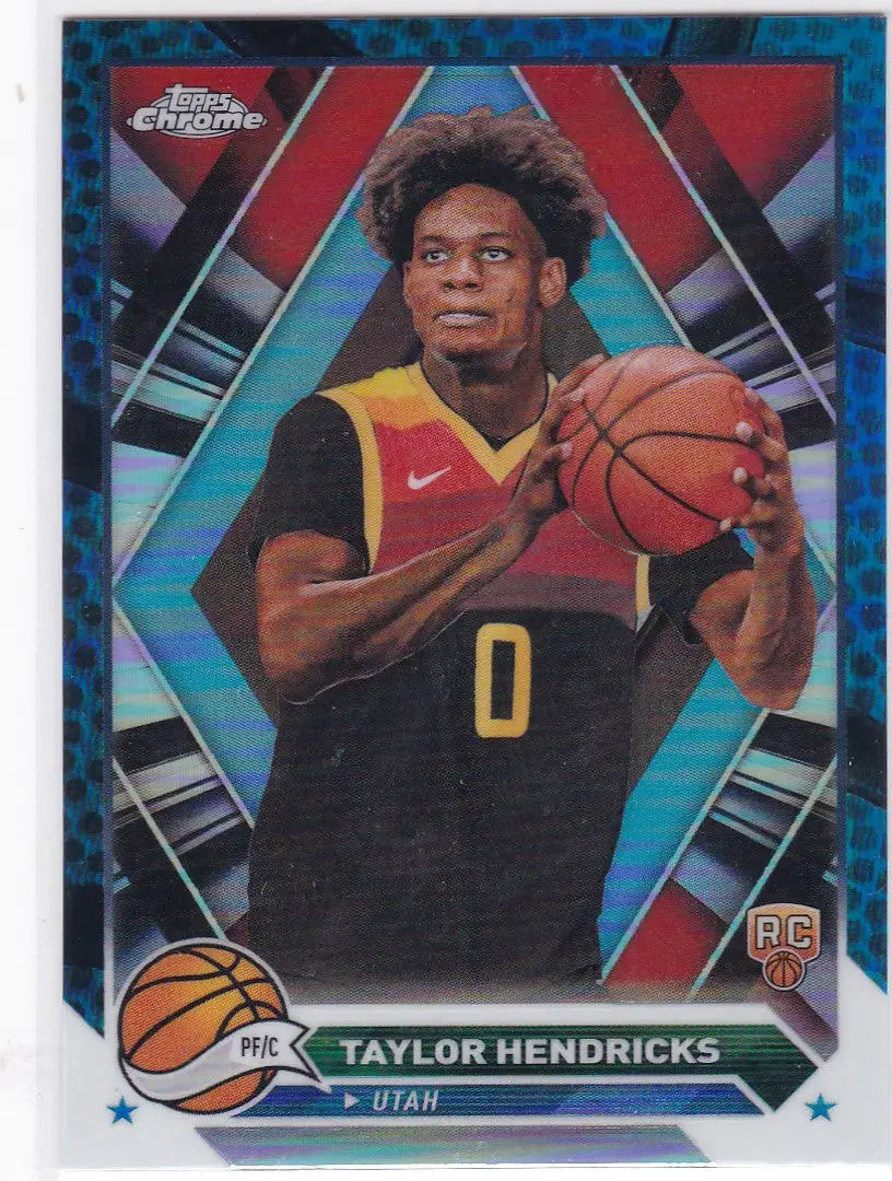 Basketball trading card of Taylor Hendricks RC Utah Jazz in Topps Chrome Blue design