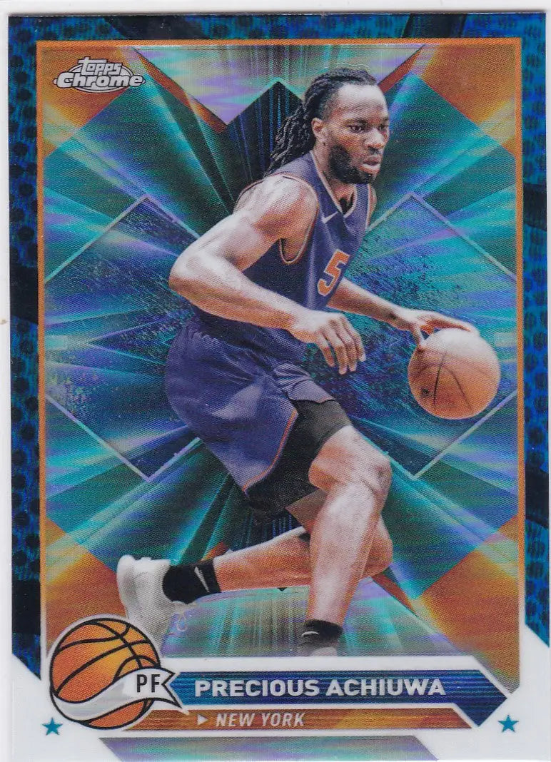 Basketball trading card of Precious Achiuwa in Topps Chrome Blue uniform for New York Knicks