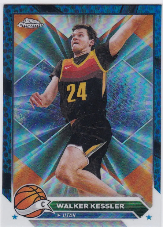 Basketball trading card of Walker Kessler Utah Jazz in black jersey from Topps Chrome Blue