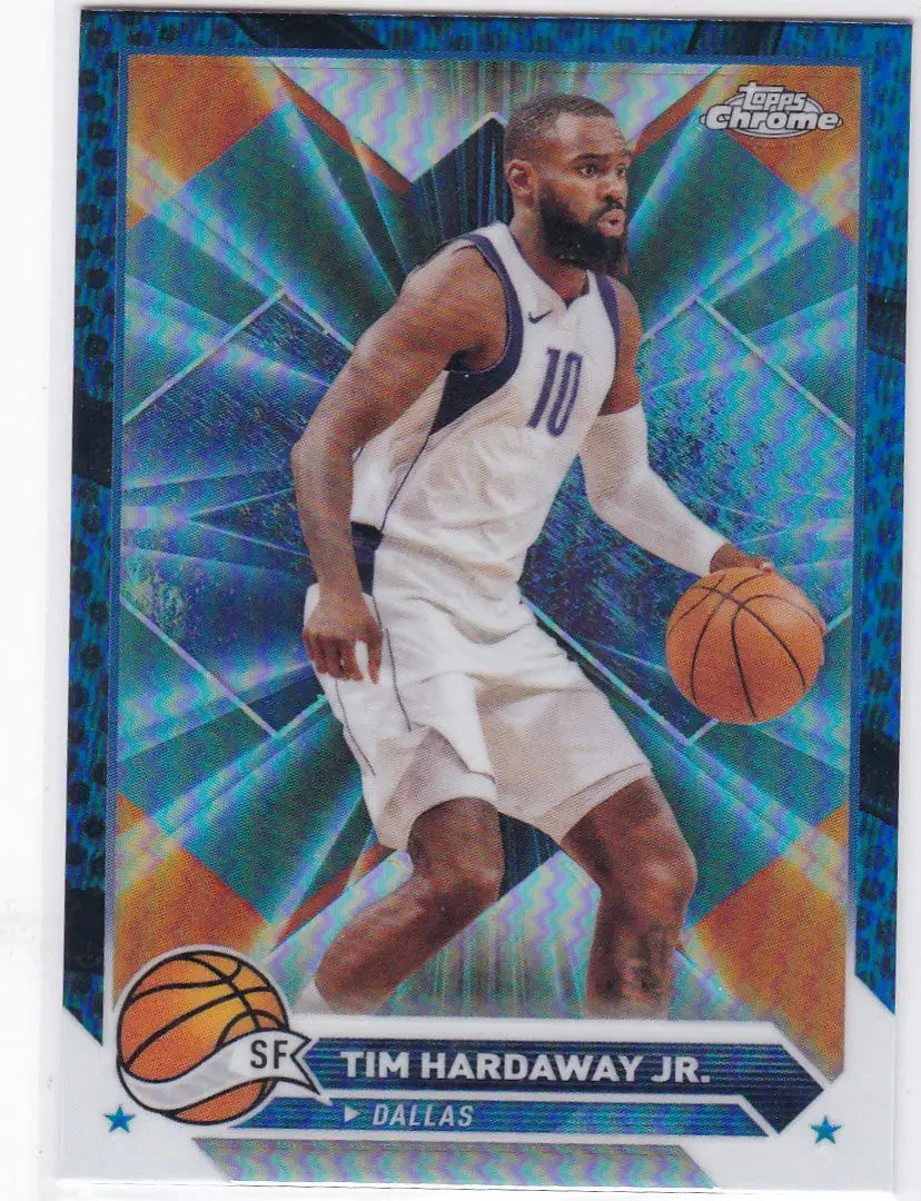 Basketball trading card of Tim Hardaway Jr dribbling for Topps Chrome Blue Dallas Mavericks