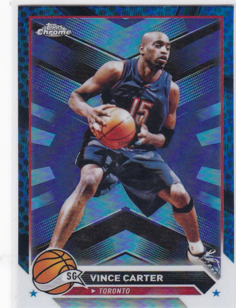 Basketball trading card of Vince Carter Toronto Raptors in Topps Chrome Blue uniform