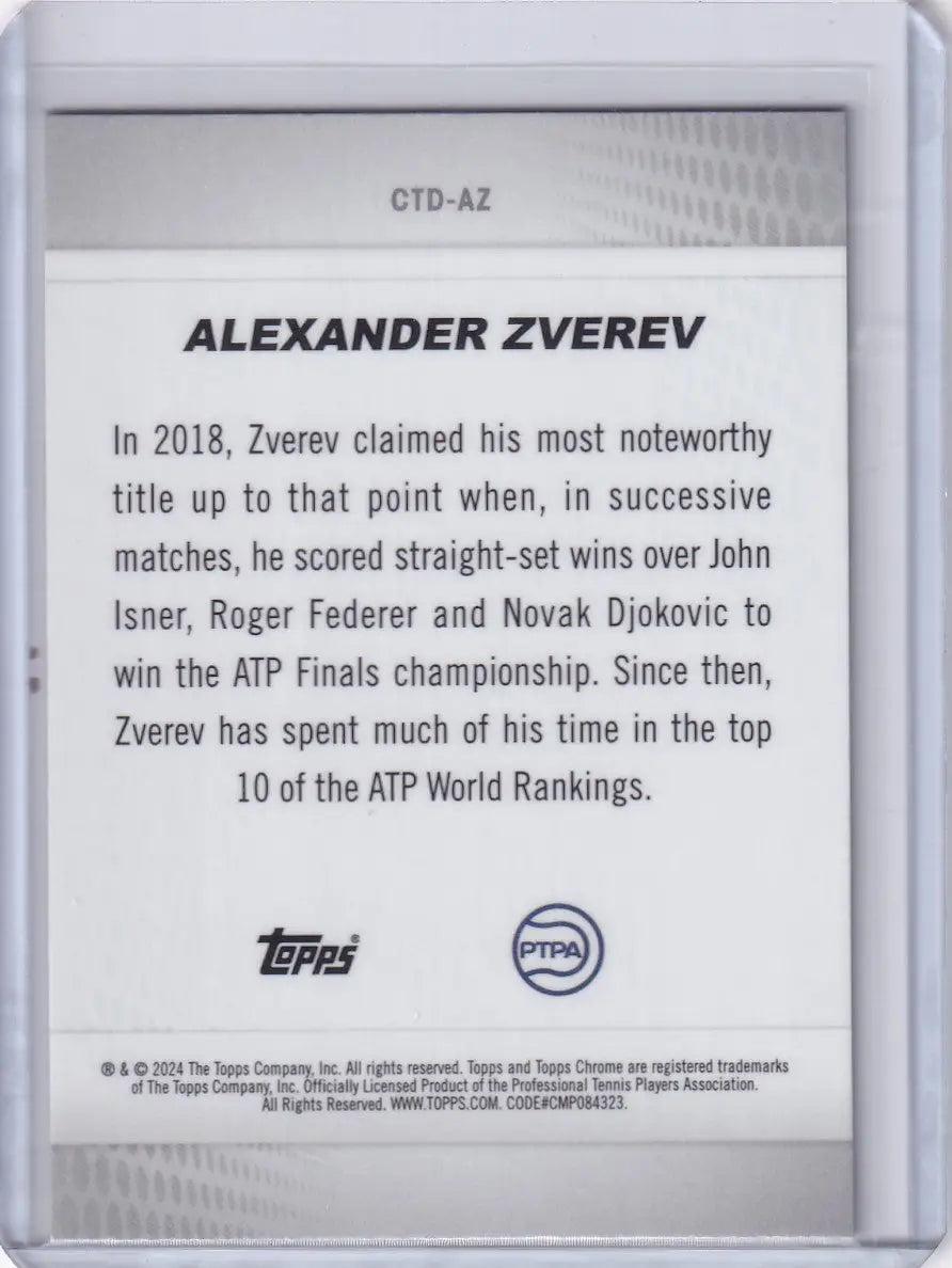 Trading card of Alexander Zverev’s 2018 ATP Finals in Topps Chrome Captured series