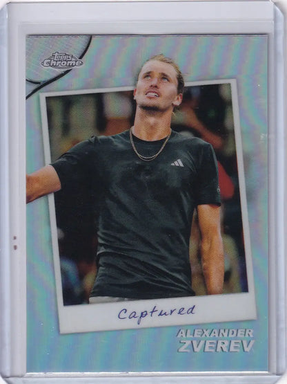 Holographic Topps Chrome Captured tennis card of Alexander Zverev in black Adidas shirt