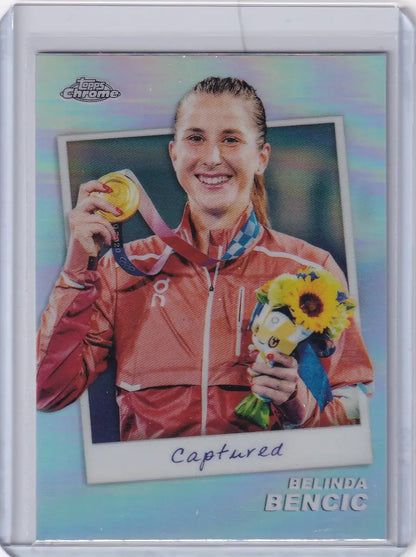 Topps Chrome Captured card of Olympic medalist Belinda Bencic with gold medal and sunflowers