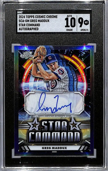 Graded Topps Chrome Cosmic Star Command card featuring Greg Maddux autograph in Cubs uniform