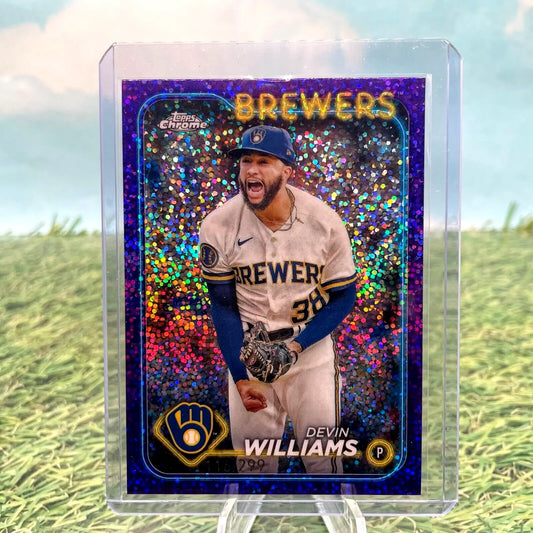 Devin Williams baseball card 2024 Topps Chrome Purple Speckle Refractor Milwaukee Brewers